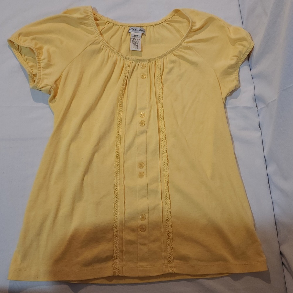 Rebecca Malone Women's Blouse Yellow Boho Peasant Small 2000s Short Sleeve Soft